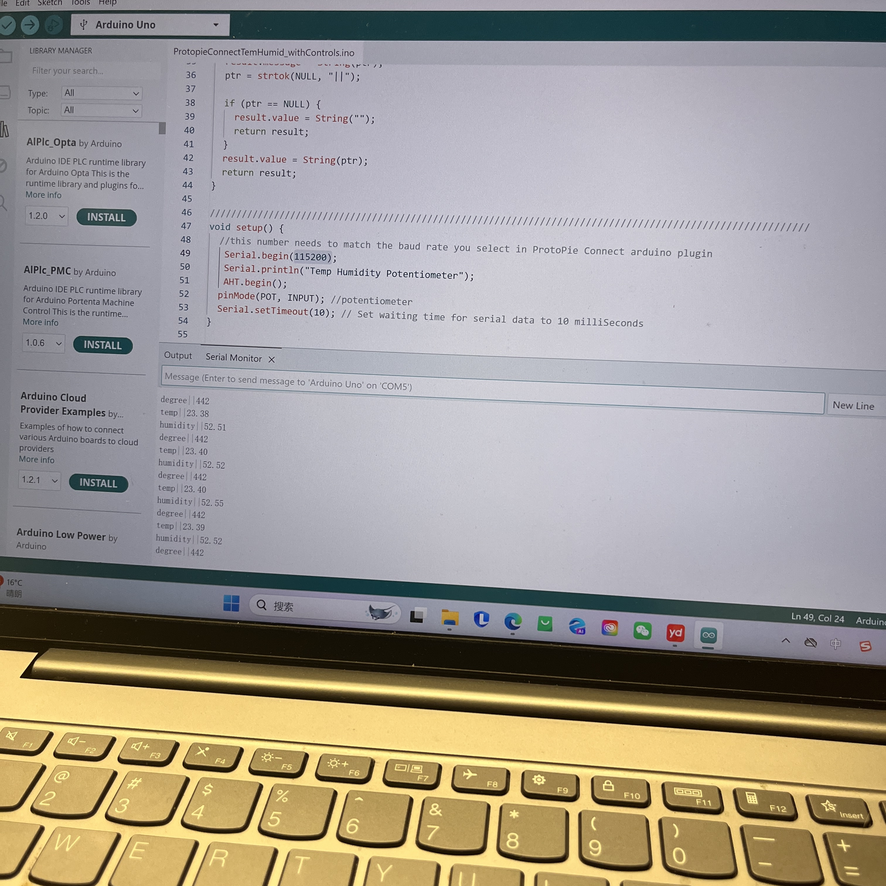 I set up the Arduino Sensor Kit and ProtoPie Connect, defining message keys for temp, humidity, and degree to stream live data to my phone UI.