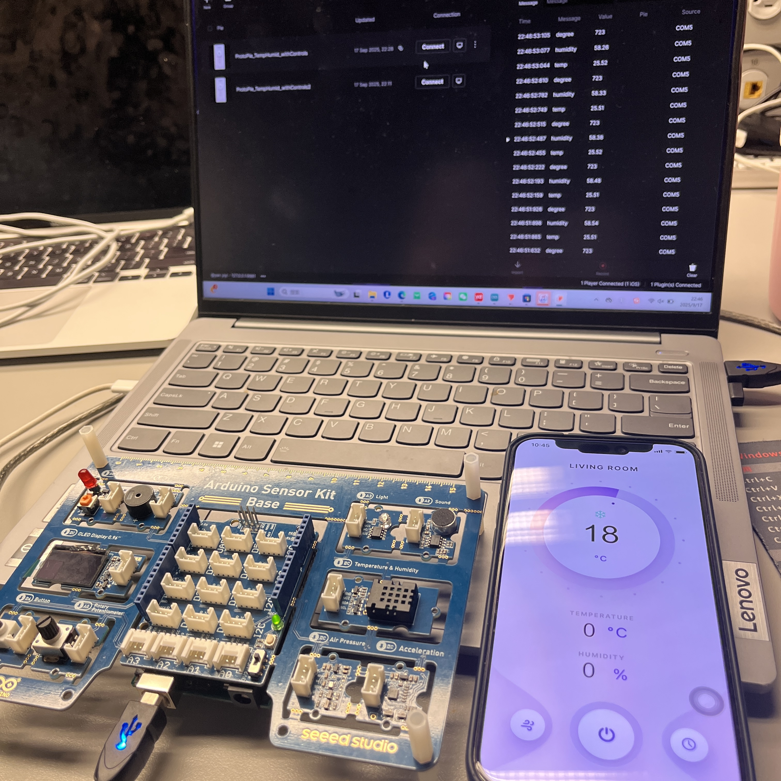 Touching or warming the sensor produced immediate changes on the phone UI, verifying end-to-end interaction.