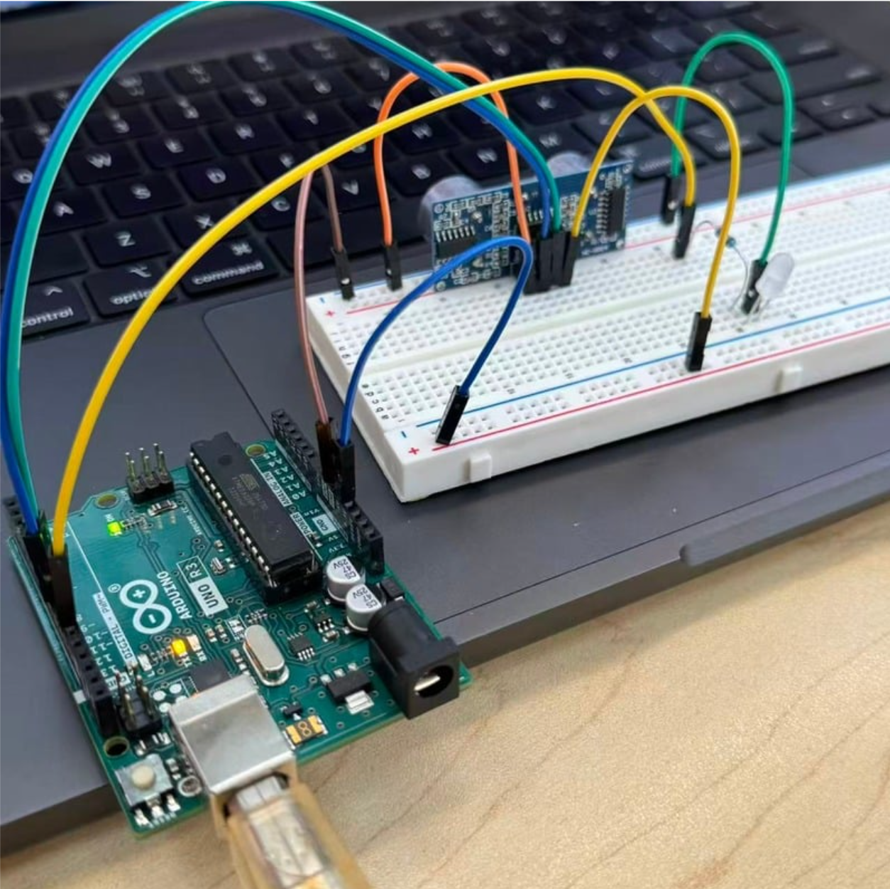 Hands-on wiring test on the breadboard to check stability and sensor responsiveness on hardware.