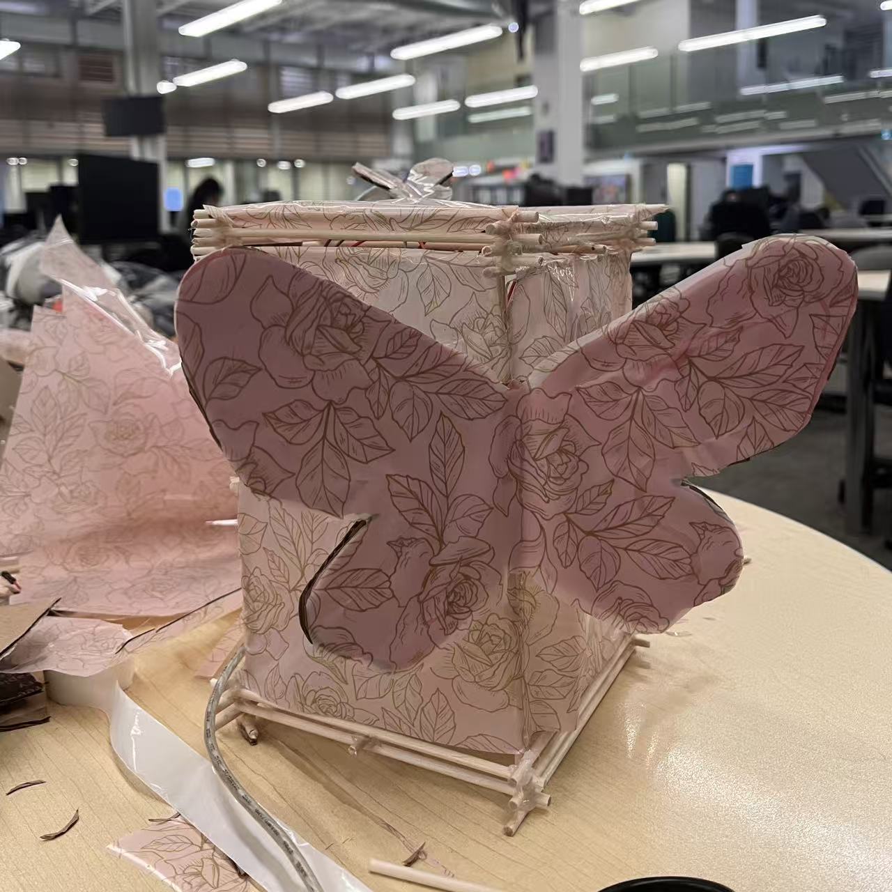 Adding patterned paper to test how the outer lampshade looks and how it interacts with the light.